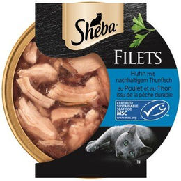 Sheba Filets Thunfisch und Huhn Katzenfutter für adulte Katzen 16x60 g ohne Farb- und Aromastoffe sowie Konservierungsstoffe - 16 x 60 g – Bild 1 von 3