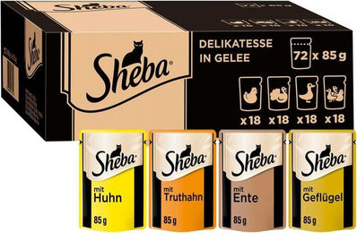 Sheba Nassfutter für erwachsene Katzen Geflügel Auswahl Stückchen in Gelee ohne Farb- und Aromastoffe sowie Konservierungsstoffe 72 x 85g – Bild 1 von 3