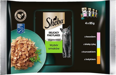 Produktbild von Sheba Nasskatzenfutter Fine Flakes Stückchen in Gelee mit Lachs, Fisch, Truthahn und Huhn 4x85g - 4 x 85 g