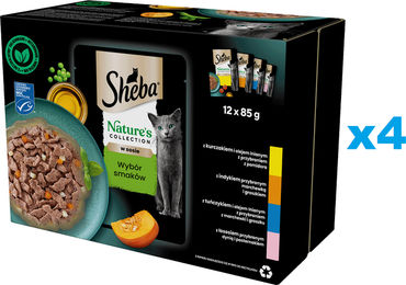 Sheba Nature’s Collection Nassfutter für erwachsene Katzen mit Huhn Truthahn Thunfisch und Lachs Stückchen in Sauce 48x85 g - 48 x 85 g – Bild 1 von 2
