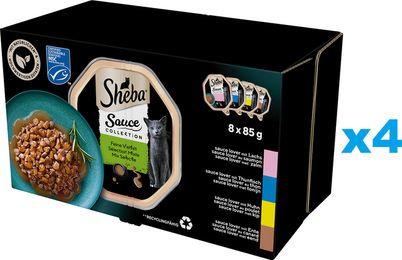 Produktbild von Sheba Sauce Collection Katzen Nassfutter Stückchen in Sauce Lachs, Thunfisch, Huhn und Ente 4x85 g - 4 x 8 Stk.