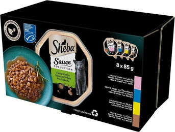 Sheba Sauce Collection Nassvollnahrung für adulte Katzen mit MSC Lachs, Thunfisch, Huhn und Ente in Sauce 8x85 g - 8 x 85 g – Bild 1 von 3