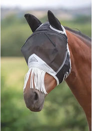 Shires Fliegenmaske für Ponys aus Netz mit Nasenfransen in Schwarz – Bild 1 von 1