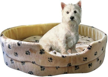 Silvio Design Hundebett und Katzenbett aus Plüsch Größe S beige mit brauner Pfote waschbar – Bild 1 von 2