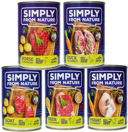 Produktbild von Simply from Nature Hunden Nassfutter Mix Ente Hirsch Fasan Ziege Pferd Stückchen in Sauce getreidefrei glutenfrei 6 x 400g