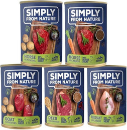 Produktbild von Simply From Nature Nassfutter Mix für Hunde und Katzen mit Ziege, Pferd und Fasan Stückchen in Sauce, getreidefrei und glutenfrei, 30 x 400g