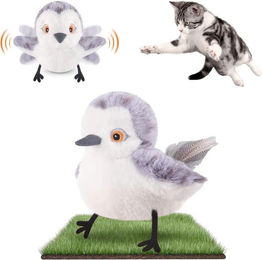 SinLaw Interaktives Katzenspielzeug Flattervogel mit Schnepfe-Zwitschern aus Plüsch, elektrisch und wiederaufladbar, Grau – Bild 1 von 2