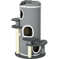 Produktbild von Slyrun Kratzbaum für Katzen mit 2 Katzenhöhlen, 4 Liegeflächen und 4 Kratzpfosten, Grau-Weiß, 57x57x99 cm
