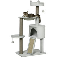 Produktbild von Slyrun Kratzbaum für Katzen mit Katzenhöhle, Bett und Hängematte inklusive Spielzeug, hellgrau, 60x40x113 cm