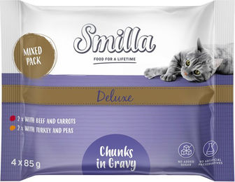 Produktbild von Smilla Deluxe Katzen Nassfutter Adult Stückchen in Sauce mit Rind Pute und Lachs Getreidefrei und ohne Zucker 4 x 85 g
