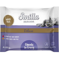 Produktbild von Smilla Deluxe Katzen Nassfutter Adult Stückchen in Sauce mit Rind Pute und Lachs Getreidefrei und ohne Zucker 4 x 85 g