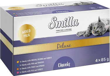Produktbild von Smilla Deluxe Katzen Nassfutter Mixpaket mit Huhn, Thunfisch, Truthahn und Kalb in Sauce, getreidefrei, 12 x 85 g