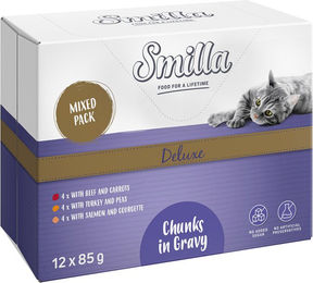 Produktbild von Smilla Deluxe Katzen Nassfutter Stückchen in Sauce mit Lachs, Pute und Rind für adulte Katzen getreidefrei ohne Zucker 12 x 85 g