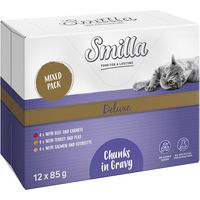 Produktbild von Smilla Deluxe Katzen Nassfutter Stückchen in Sauce mit Lachs, Pute und Rind für adulte Katzen getreidefrei ohne Zucker 12 x 85 g