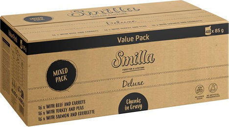 Produktbild von Smilla Deluxe Katzen Nassfutter Stückchen in Sauce mit Rind Pute und Lachs für adulte Katzen getreidefrei ohne Zucker 96 x 85 g