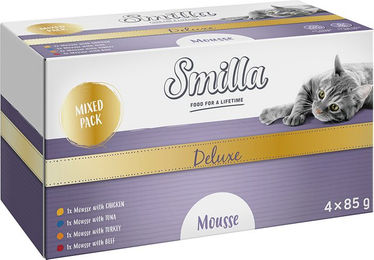 Produktbild von Smilla Deluxe Mousse Mixpaket für Katzen mit Huhn, Thunfisch, Truthahn und Rind getreidefrei 12 x 85 g - 12 x 85 g