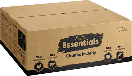Produktbild von Smilla Essentials Katzen Nassfutter Stückchen in Gelee Lachs Pute Geflügel Rind Adult 112 x 85 g