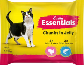 Produktbild von Smilla Essentials Katzen Nassfutter Stückchen in Gelee Lachs und Pute für adulte Katzen 4 x 85 g