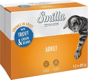 Produktbild von Smilla Katzen Nassfutter Adult Forelle mit grünen Bohnen in Sauce, getreidefrei, 12 x 85 g - 12 x 85 g