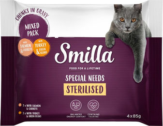 Produktbild von Smilla Katzen Nassfutter Sterilised Häppchen in Sauce Lachs und Pute mit Gemüse Probiermix Adult 4 x 85 g - 4 x 85 g