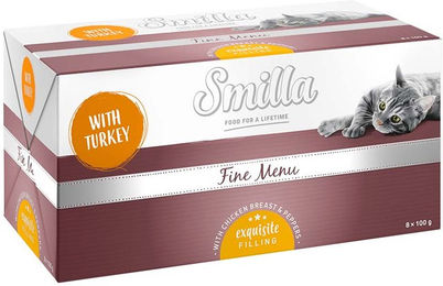 Produktbild von Smilla Schale Fine Menu Katzenfutter Stückchen Pute Huhn Rind Lachs 8 x 100 g getreidefrei laktosefrei ohne Konservierungsstoffe und Zucker - 8 x 100 g