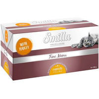 Produktbild von Smilla Schale Fine Menu Katzenfutter Stückchen Pute Huhn Rind Lachs 8 x 100 g getreidefrei laktosefrei ohne Konservierungsstoffe und Zucker - 8 x 100 g