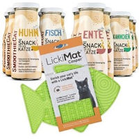 Produktbild von SmoothieCat Mix Creme mit Huhn Ente Fisch oder Kaninchen und Lickimat Grün 12x150 g für Katzen