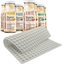 SmoothieCat Mix Leckerli für Katzen mit Huhn, Ente, Fisch und Kaninchen 8x 150 ml plus Trixie Backmatte Grau – Bild 1 von 3