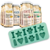 Produktbild von SmoothieCat Mix Leckerli für Katzen mit Huhn Ente Fisch und Kaninchen inklusive Eiswürfelform 12x150 g