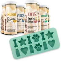 Produktbild von SmoothieCat Mix Leckerli für Katzen mit Huhn Ente Fisch und Kaninchen inklusive Eiswürfelform 8x150 g
