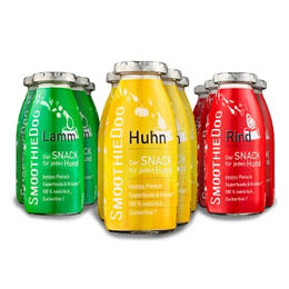 SmoothieDog Flüssiges Hundeleckerli 12er Mix Huhn Rind Lamm Zucker- und glutenfrei inkl. Doggyroller Rosa Gr. M - 12 x 250 ml – Bild 1 von 6