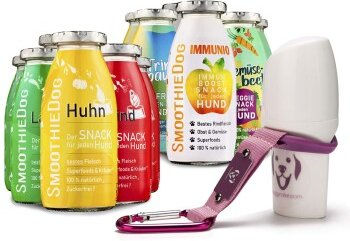 SmoothieDog Flüssiges Hundeleckerli Mix 12x 250 ml mit Doggyroller Rosa Set - Zucker- & glutenfrei - Huhn, Rind, Lamm, Ente, Immunio & Veggie - 13 x 250 ml – Bild 1 von 6