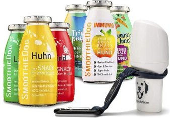 SmoothieDog Hund Smoothie 6er Mix mit Doggyroller Blau und Halter Karabiner - Flüssiges Hundeleckerli Huhn Rind Lamm Ente Immunio Veggie - Zucker- und glutenfrei - 6x 250ml - 7 x 250 ml – Bild 1 von 6