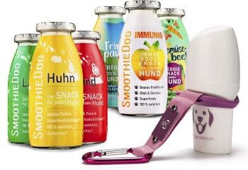 SmoothieDog Hund Smoothie 6er Mix mit Doggyroller Rosa und Karabiner - Flüssiges Hundeleckerli Huhn, Rind, Lamm, Ente, Immunio, Veggie - Zuckerfrei und glutenfrei - 6x 250 ml - 6 x 250 ml – Bild 1 von 8