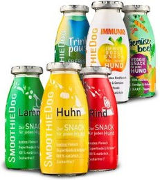 SmoothieDog Hund Smoothie Mix 6x250 ml - 6 verschiedene Sorten Huhn, Rind, Lamm, Ente, Immunio und Gemüsebeet - Zuckerfrei und glutenfrei Flüssiges Hundeleckerli für alle Altersstufen - 6 x 250 ml – Bild 1 von 10