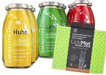 SmoothieDog Hundesmoothie Probierset mit Lickimat Buddy L Grün - 12x250ml (4x Lamm, 4x Rind, 4x Huhn) - Gluten- und zuckerfrei mit Probiotika - 12 x 250 ml – Bild 1 von 5