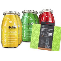 Produktbild von SmoothieDog Hundesmoothie Probierset mit Lickimat Buddy L Grün - 12x250ml (4x Lamm, 4x Rind, 4x Huhn) - Gluten- und zuckerfrei mit Probiotika - 12 x 250 ml