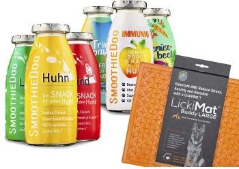 SmoothieDog Hundesmoothie Probierset mit Lickimat Buddy L und 6 Sorten Huhn, Lamm, Rind, getreidefrei, 6x250 ml - 6 x 250 ml – Bild 1 von 7