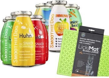 SmoothieDog Probierset für Hunde mit Lickimat Buddy L Grün 12x250 ml Sortiment aus Huhn, Lamm, Rind, Immunio, Trinkpause und Gemüsebeet ohne Farb- und Aromastoffe - 12 x 250 ml – Bild 1 von 4