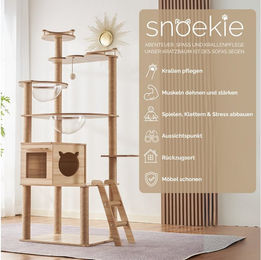 SNOEKIE Kratzbaum aus Holz mit Katzenhaus und Acryl-Körben 170cm Beige Natur – Bild 1 von 5