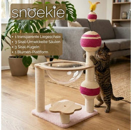 SNOEKIE Kratzbaum aus Naturholz mit transparenter Liegeschale in Rosa für Katzen – Bild 1 von 2