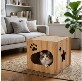 SNOEKIE Würfel-Katzenbett mit Kratzbrett aus Holz und Pappe für Katzen – Bild 1 von 4