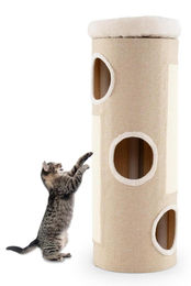 SOARS Kratztonne für Katzen XXL 113 cm mit 3 Höhlen und abnehmbarem Plüschbett Beige – Bild 1 von 1