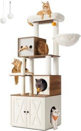 SONGMICS HOME Kratzbaum mit Katzenklo-Schrank und Plüschkissen 185cm Braun Weiß – Bild 1 von 5