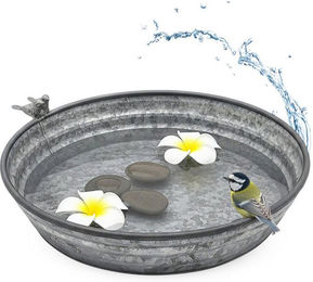 Spetebo Vogeltränke aus verzinktem Metall in Silber Antik Optik mit Deko Figuren 36 x 6 cm – Bild 1 von 7