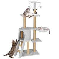 Produktbild von Springos Katzenkratzbaum mit Katzenhaus Liegemulde und Spiel-Pompons in Grau 136 cm