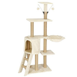 Springos Kratzbaum für Katzen mit Liegemulde und Katzenhäuschen aus Plüsch und Sisal 136 cm in Creme/Beige – Bild 1 von 4