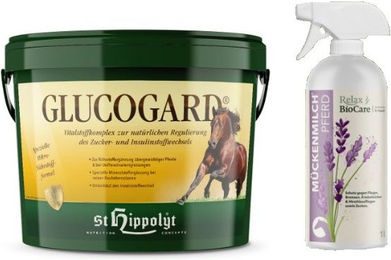 Produktbild von St. Hippolyt Glucogard + RelaxBiocare Mückenmilch Ergänzungsfutter für Pferde zur Unterstützung von Stoffwechsel, Haut und Fell für Fohlen und Aufzucht 1000 ml
