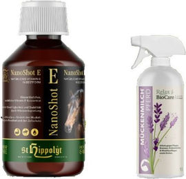 Produktbild von St. Hippolyt NanoShot E + Relax Biocare Mückenmilch Ergänzungsfutter für Pferde mit Vitaminen und Öl für Haut und Fell 300 ml