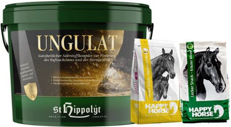 Produktbild von St. Hippolyt Ungulat Hufkur Nahrungsergänzung für Pferde 10 kg und Lobs Belohnungswürfel 2 kg